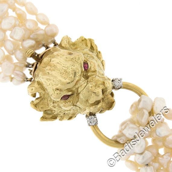 18k Yellow Gold Lion Head Clasp 30" Fresh Water P… - image 3