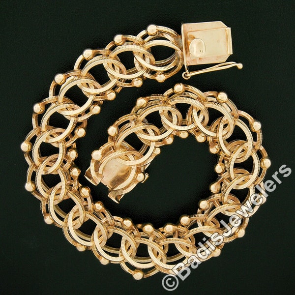 Vintage Gorgeous 14K Yellow Gold 6" Textured & Beaded Triple Interlocking Open Circle Link Charm Chain Bracelet with Push Clasp