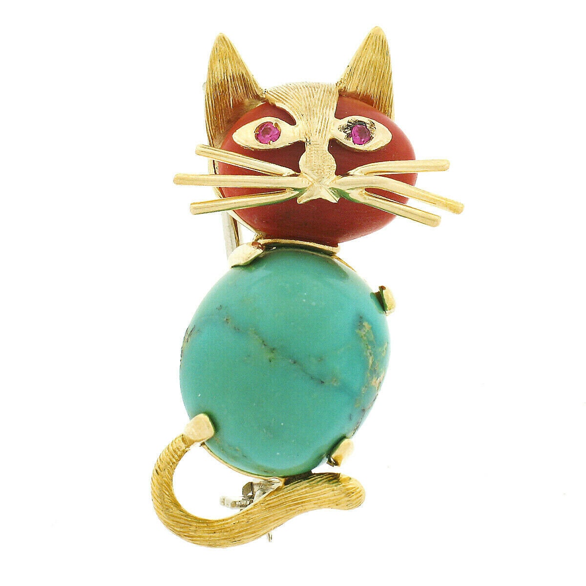 Vintage 18k gold Cat Brooch pin with Cats eyes and Ruby