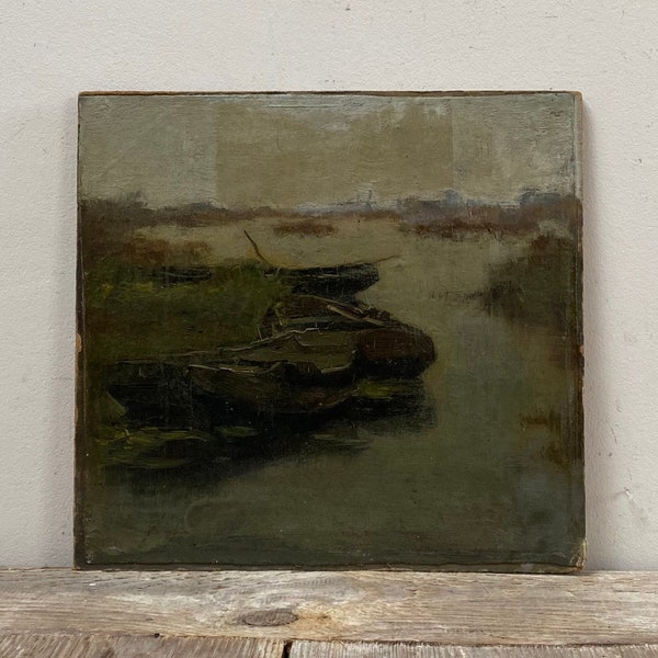 Antique fishing boats oil painting, Dutch oil painting, moody pond, dark landscape, moody country