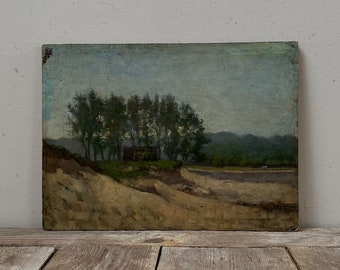 Small antique moody country oil painting, antique Dutch landscape, antique dark countryside, shabby oil, old cottage, sand dunes, original