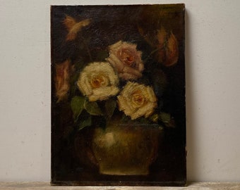 Pittura a olio di rose antiche, natura morta scura antica, pittura a olio olandese, floreale antico, fiore antico, olio originale su tela, olio lunatico