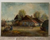 Large antique Dutch farm countryside oil painting farmers wife water well portrait feeding chickens traditional clothing Netherlands 1900s