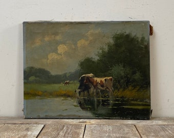 Antique cows oil painting, antique moody country, Dutch oil, antique countryside, original oil on canvas, shabby, dark landscape painting