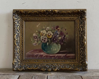 Antique violets oil painting, antique floral, antique flower, antique moody, Dutch painting, original, ornate gesso frame, dark still life