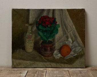 Donker armoedig stilleven olieverfschilderij, rood bloemenschilderij, antieke Chinese vaas, origineel, Nederlands, fruitstilleven, donker, humeurig olieverfschilderij