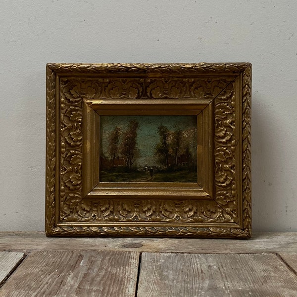 19th century dark country oil painting, 19th century Dutch oil painting, 1800s farmers wife oil painting, 1800s gold frame, original oil