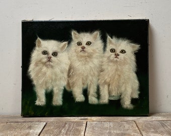 Kittens olieverfschilderij, katten olieverfschilderij, witte kitty olie, Nederlands olieverfschilderij, originele olieverf op doek, donker olieverfschilderij