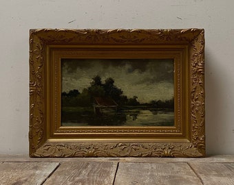 Antique moody riverside oil painting, antique boathouse, Dutch oil painting, dark riverscape oil painting, original painting, gesso framed