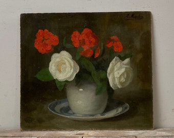 Antiek Nederlands olieverfschilderij, antiek rozenolieverfschilderij, antiek stillevenolieverfschilderij, antieke rode bloemen, origineel schilderij, Delfts Blauw