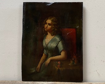 Ritratto a olio del XIX secolo, ritratto a olio inglese del 1800, giovane donna antica, signora antica, pittura a olio originale