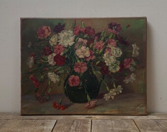 Carnations oil painting, flower oil painting, floral painting, Dutch still life oil painting, shabby oil painting, original oil on canvas