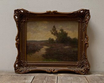 Antique moody country oil painting, antique dark landscape oil painting, antique Dutch, ornate gesso frame, original oil on canvas, shabby