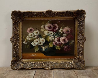 Pittura a olio margherite vintage, olio floreale, pittura di natura morta di fiori, pittura a olio olandese, olio originale su tela, cornice in gesso ornato oro