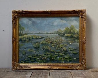 Waterlilies oil painting, Dutch oil painting, romantic lake, original oil on canvas, gold ornate gesso frame