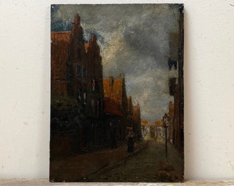 Antiek straatlandschap olieverfschilderij, donker humeurig schilderij, antieke Nederlandse olie, stadsgezicht olieverfschilderij, origineel olieverfschilderij, figuur in straat