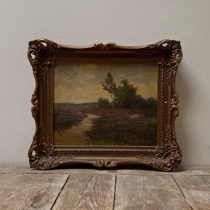 Antique moody country oil painting, antique dark landscape oil painting, antique Dutch, ornate gesso frame, original oil on canvas, shabby