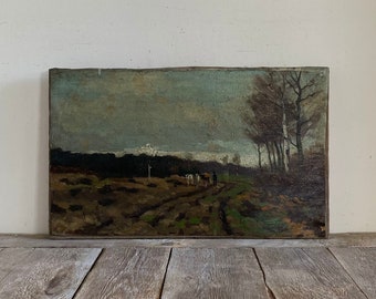 Antiek humeurig landschapsolieverfschilderij, portretboer, antieke koeien, Nederlands olieverfschilderij, origineel olieverf op doek, armoedig, humeurig, donker land