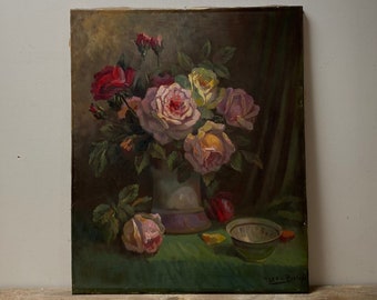 Large roses oil painting, dutch still life, floral oil painting, pink flowers oil painting, original oil on canvas