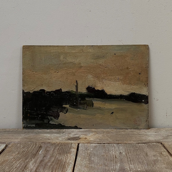 Moody harbor oil painting, sailboat oil painting, dark bay, Dutch oil painting, shabby, worn, distressed oil painting, gloomy seascape oil
