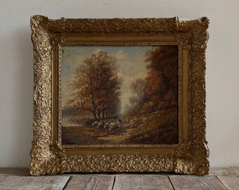 Antique shepherd oil painting, antique flock sheep, antique Dutch, original oil on canvas, shabby gold ornate gesso frame, antique landscape