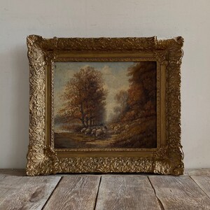 Antique shepherd oil painting, antique flock sheep, antique Dutch, original oil on canvas, shabby gold ornate gesso frame, antique landscape