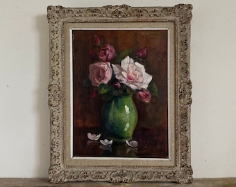 Roze rozen olieverfschilderij, stilleven olieverfschilderij, bloemenolie, bloemolie, Nederlands olieverfschilderij, originele olieverf op doek, sierlijke gesso frame