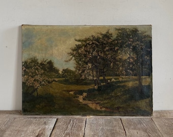 Antique sheep oil painting, antique moody country, antique dark landscape, antique Dutch, original oil on canvas, gloomy romantic spring