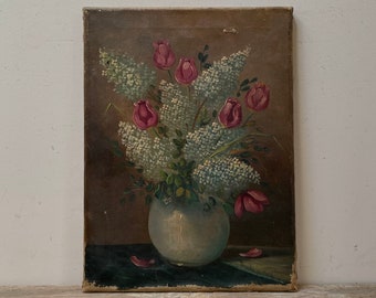 Antiek armoedig tulpenolieverfschilderij, antieke wilde bloemen, Nederlands olieverfschilderij, antiek versleten, antieke bloemen, antieke bloem, antiek humeurig