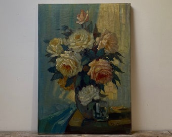 Groot antiek rozenolieverfschilderij, antiek stilleven, antieke bloemen, antieke bloem, Nederlandse olie, origineel olieverfschilderij