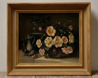 Peonie rosa extra large pittura a olio di natura morta, olio di fiori di grandi dimensioni, olio olandese vintage scuro, olio originale su tela, grande cornice dorata in legno