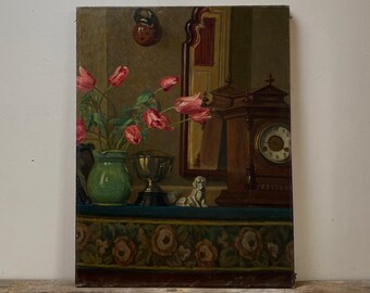 Grande dipinto ad olio di tulipani rosa, pittura ad olio di arredamento olandese, cane vintage, orologio antico in legno, olio originale su tela, specchio antico
