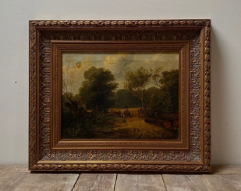 Pittura a olio di paesaggio olandese del XIX secolo, agricoltura antica, paese lunatico antico, olio originale su tela, ritratto di contadino antico, oro