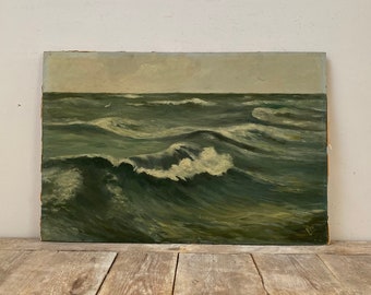 Antico dipinto ad olio lunatico con vista sul mare, pittura ad olio olandese, pittura ad olio originale