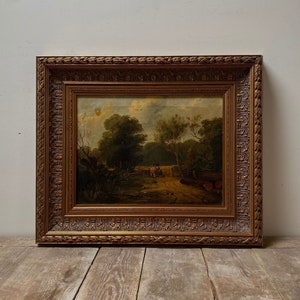 19th century Dutch landscape oil painting, antique farming, antique moody country, original oil on canvas, antique farmer portrait, gold