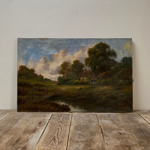 Antico dipinto ad olio di paesaggio shabby, olio antico olandese, paesaggio inglese, cottage antico, fattoria, olio originale su tela, olio usurato immagine 1