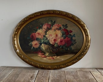 Groot antiek rozenolieverfschilderij, antiek stilleven, antieke ovale bloemen, antieke bloemen, antiek Nederlands, originele olie, gouden lijst