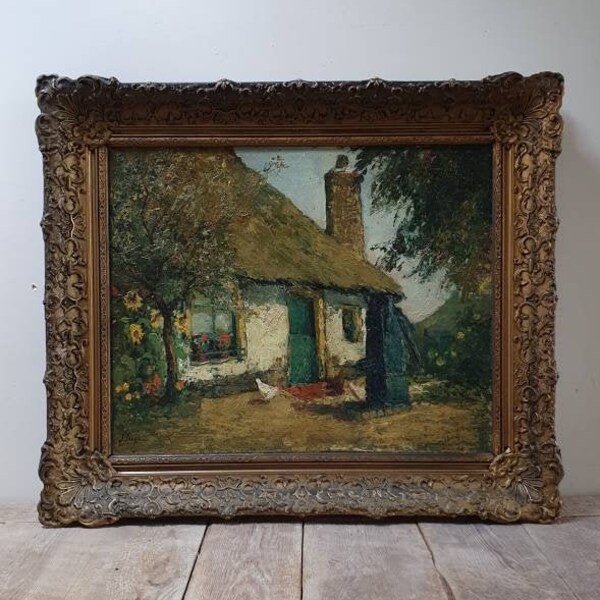 Large Dutch cottage oil painting thatched cottage sunflowers chickens countryside Netherlands 1900s traditional summertime gold baroque