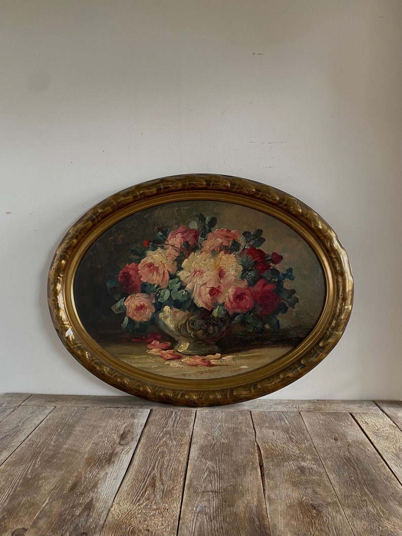 Groot antiek rozenolieverfschilderij, antiek stilleven, antieke ovale bloemen, antieke bloemen, antiek Nederlands, originele olie, gouden lijst afbeelding 1