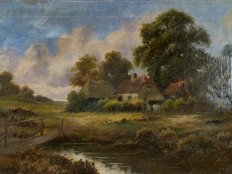Antico dipinto ad olio di paesaggio shabby, olio antico olandese, paesaggio inglese, cottage antico, fattoria, olio originale su tela, olio usurato immagine 3