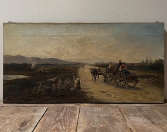 19th Century Mule Drawn Cart Dirt Road Oil Painting, European Art