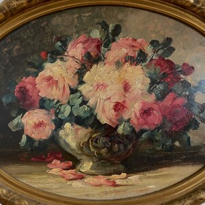 Groot antiek rozenolieverfschilderij, antiek stilleven, antieke ovale bloemen, antieke bloemen, antiek Nederlands, originele olie, gouden lijst afbeelding 3