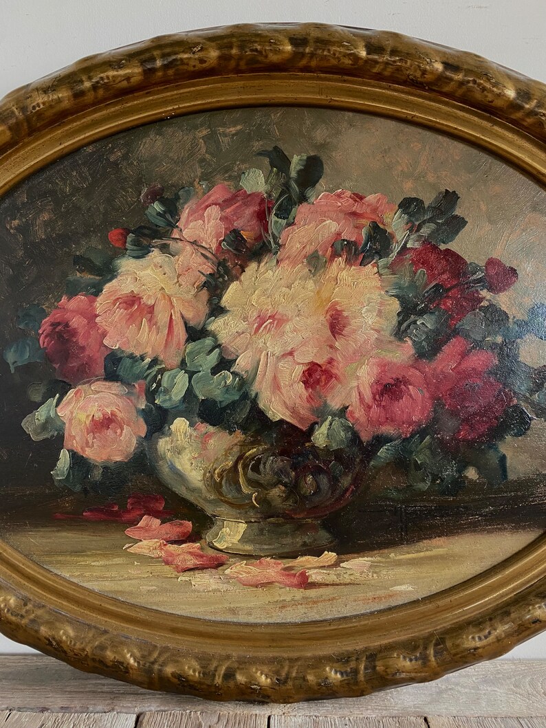 Groot antiek rozenolieverfschilderij, antiek stilleven, antieke ovale bloemen, antieke bloemen, antiek Nederlands, originele olie, gouden lijst afbeelding 3