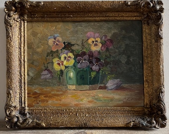 Small Antique Pansies Oil Painting, Dutch Original
