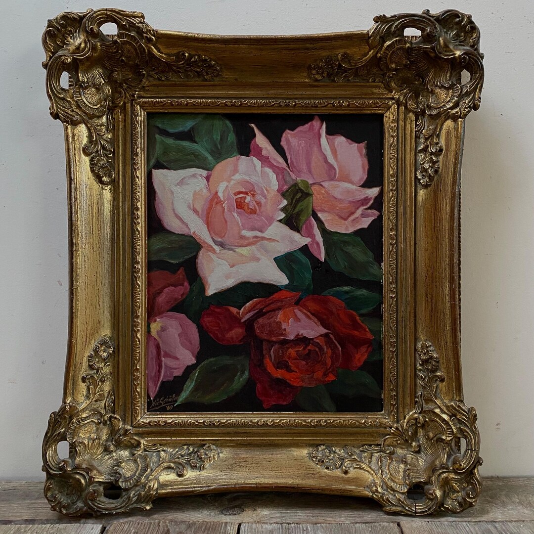 German Roses Still Life Oil Painting, Pink Floral Oil Painting, Moody ...