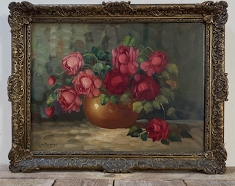 Antique Roses Still Life Oil Painting, Dutch Original, Gold Ornate Gilded Frame