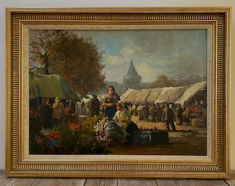 Grande dipinto ad olio antico raffigurante un mercato dei fiori, originale olandese, con cornice dorata.