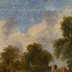 Antico dipinto ad olio di paesaggio shabby, olio antico olandese, paesaggio inglese, cottage antico, fattoria, olio originale su tela, olio usurato immagine 5