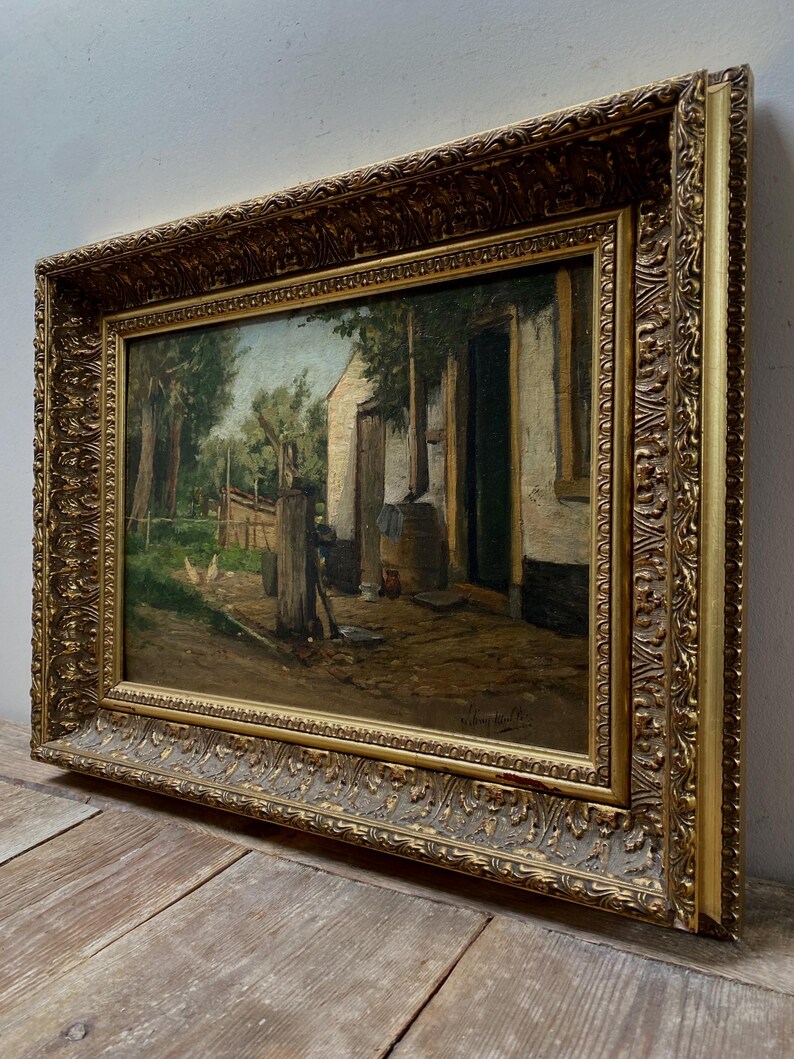 Antique Farm Garden Oil Painting, Antique Chickens, Antique Dutch Oil