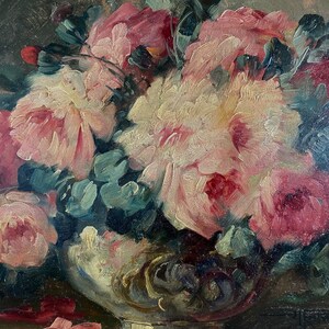 Groot antiek rozenolieverfschilderij, antiek stilleven, antieke ovale bloemen, antieke bloemen, antiek Nederlands, originele olie, gouden lijst afbeelding 4